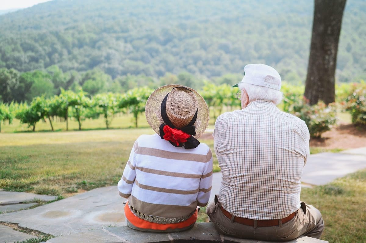 Grandparents looking out over vineyard Grandparents looking out over vineyard